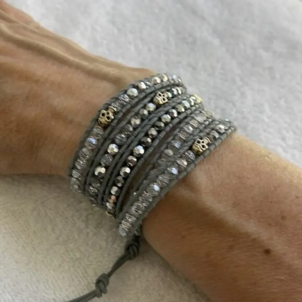 Victoria Emerson Gray Leather Multi Wrap Beaded Bracelet with Skull Charms Boho‎